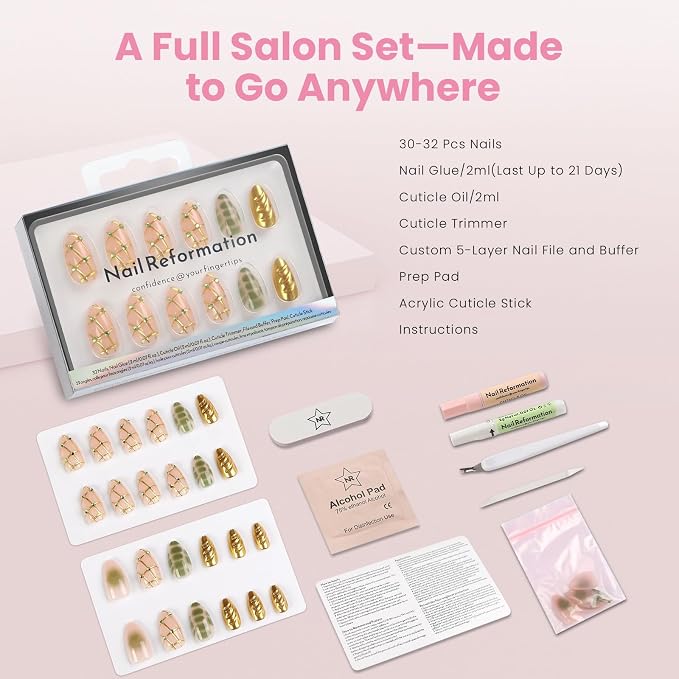 Nail Reformation Press On Nails, Treasure Lines | Short Almond Fake Nails | Jade Green with Jewel Gold Accents in Glossy Finish, Reusable Stick On Nails in 16 Sizes - 32 Nail Kit for Women Gifts