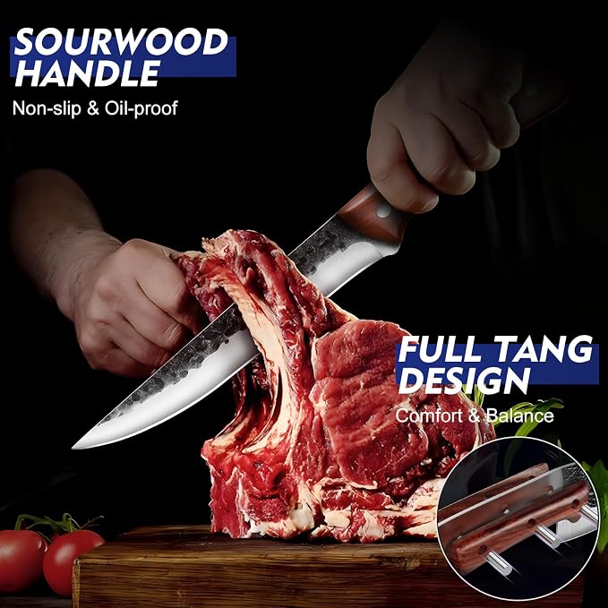 Topfeel 8PCS High Carbon Steel Butcher Knife Set with Leather Roll Bag | Six hand-forged knives: two cleavers, butcher, carving, boning and fillet knives; sharpening rod, full-tang rosewood handles