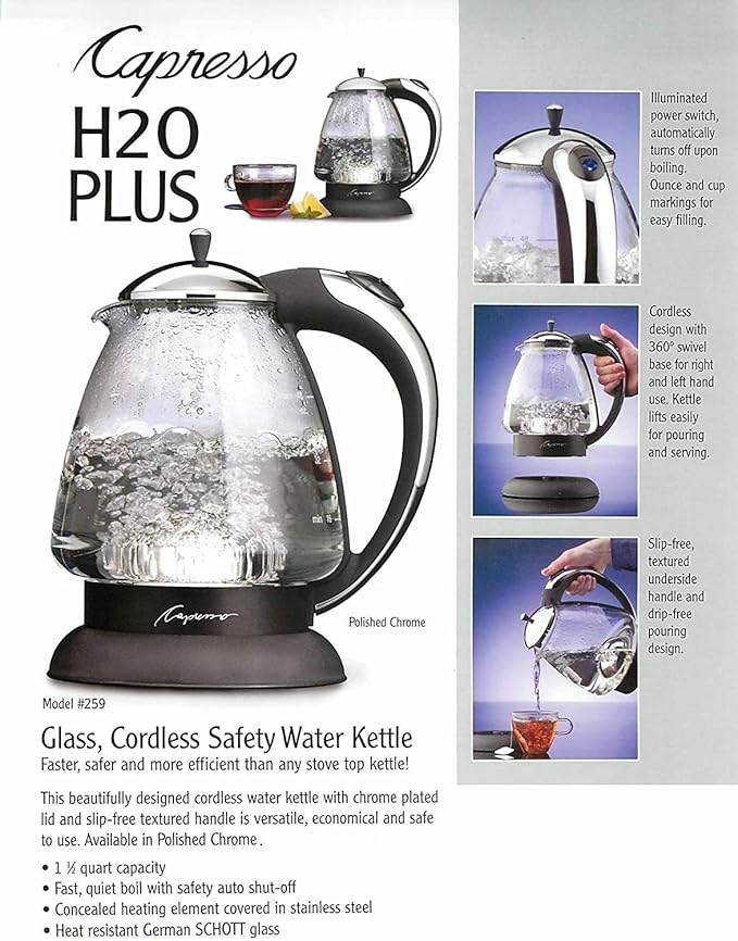 Capresso 259 Water Kettle, 10" x 8.25" x 6.25", Polished Chrome | Heat-resistant glass, ounce and cup markings, concealed element, automatic shutoff