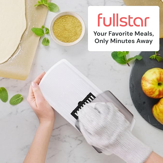Fullstar Pro Mandoline Vegetable Slicer, Grater & Spiralizer with Container | 11 in 1 Fruit Cutter, Cheese Grater & Spiralizer with Safety Gloves, Stainless Steel Blades & Container (White)