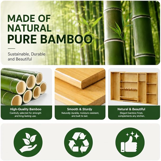 Bamboo Expandable Kitchen Drawer Organizer, 17.7-29.5 in,Natural | 5-8 detachable slots, equipped with dedicated tool slots for butter knives, storing tableware and saving space