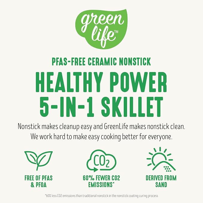 GreenLife 12" 5QT Electric Skillet, Blue | PFAS-Free Ceramic Nonstick Coated Interior, Glass Vented Lid, Temperature Control, Dishwasher Safe, Pancakes, Eggs, Bacon