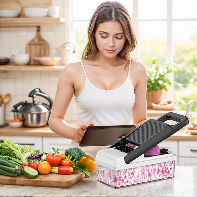 15-in-1 Vegetable Chopper 10 Blades, Veggie Cutter with Handle, Black/White | Stainless Steel Blades, Food Container and Lid, Dicer, Slicer, Julienne, Egg Separator, Non-slip Base, Include Cleaning Tools