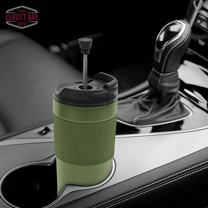 Green Portable French Press Travel Mug & Coffee Maker | Leak-resistant lid Double-wall vacuum insulation ideal for camping & travel