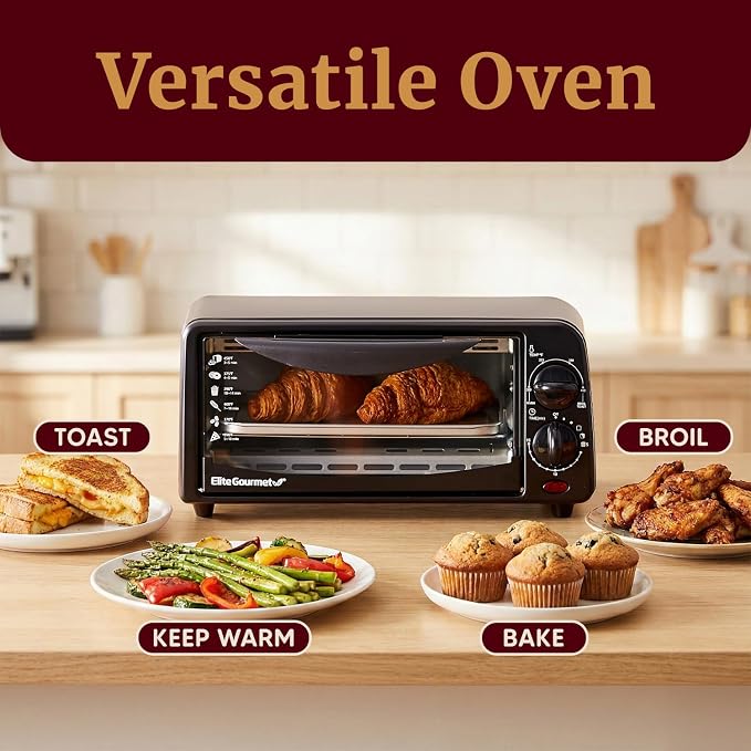 Elite Gourmet ETO236 Compact 2-Slice Toaster Oven, 15-Min Timer, Black | Bake, Broil, Toast & Adjustable Temperature, Countertop Design - fits small kitchens, dorms and RVs