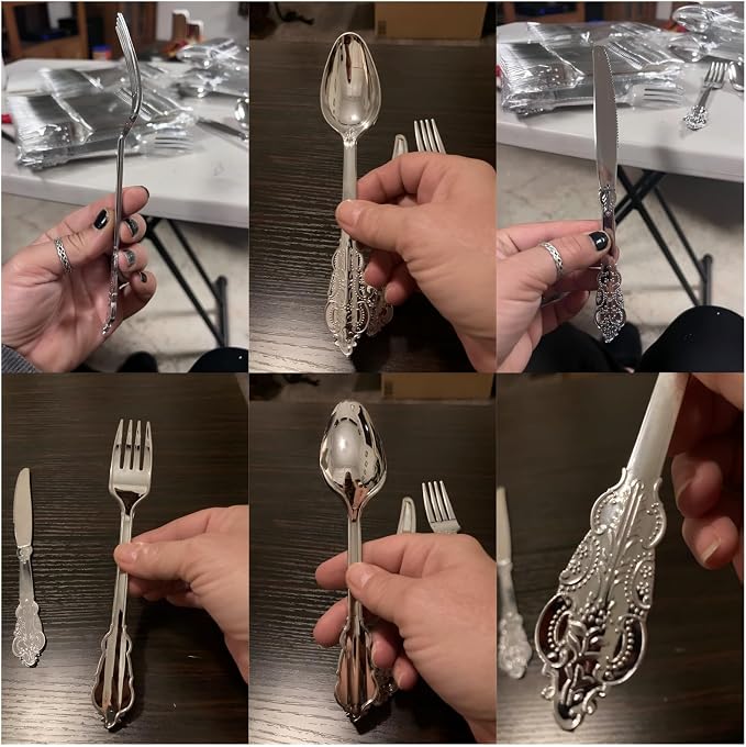 360 Pieces Silver Plastic Silverware- Disposable Flatware - Heavyweight Plastic Cutlery- Includes 120 Forks, 120 Spoons, 120 Knives for Christmas