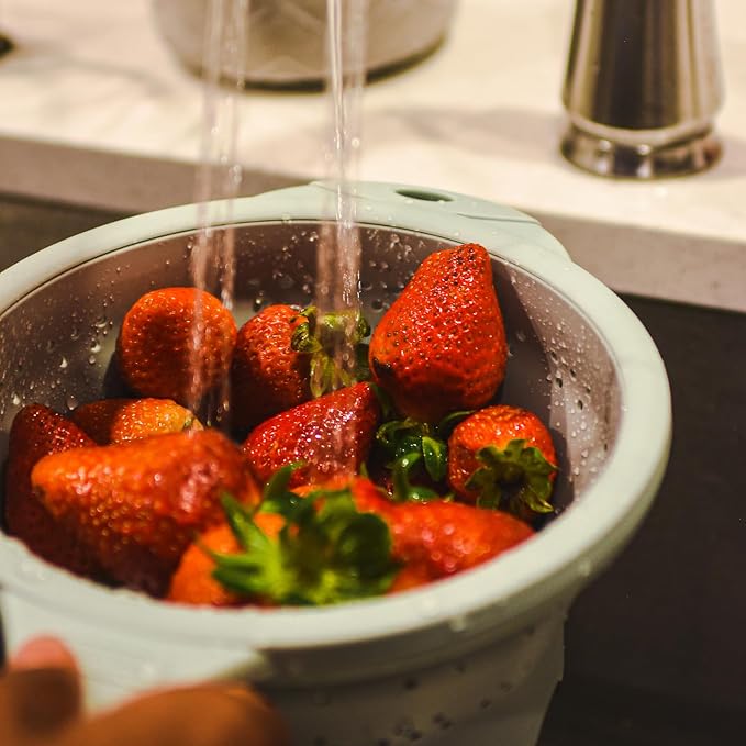 Dexas 8" Collapsible Silicone Strainer in Sage, Kitchen Strainer with Handles, 7.2 Cup Capacity | BPA-Free, Heat-Resistant, Space-Saving Kitchen Tool