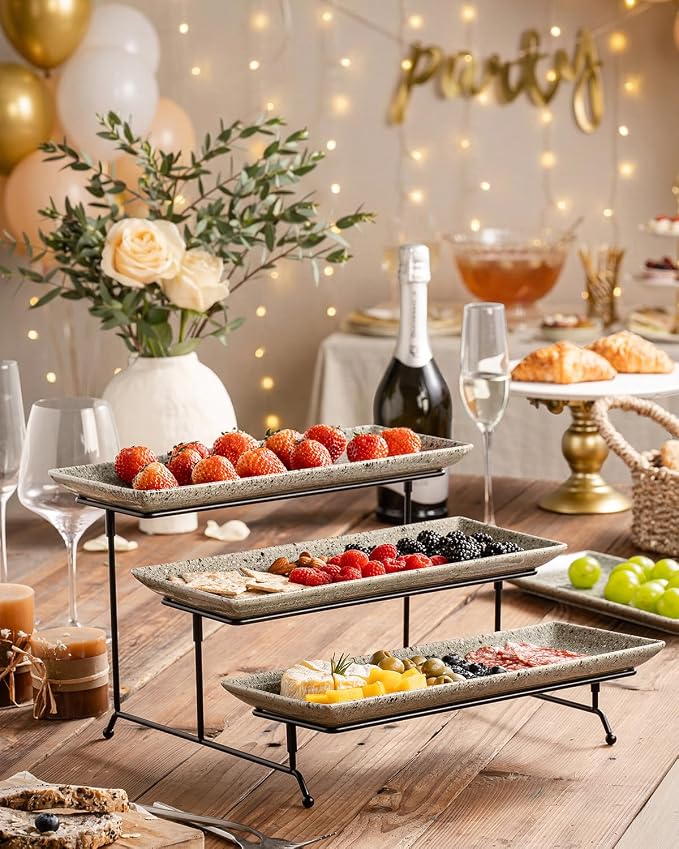 LAUCHUH 3 Tier Serving Trays for Party, Porcelain Dessert Party Display Set | 14 inch Serving Platters & Trays with Collapsible Sturdier Rack Tiered Tray Stand for Halloween Thanksgiving, Speckled Gray