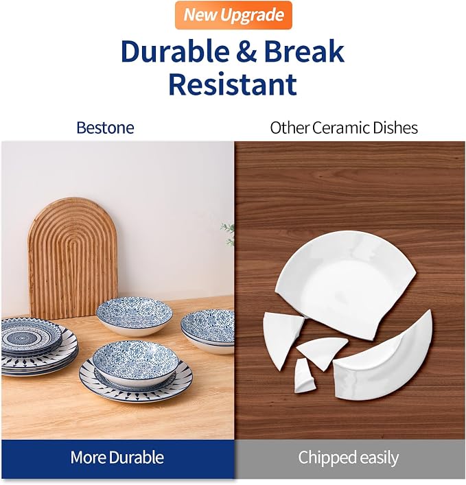 Bestone Porcelain Dinnerware Sets Service for 4, 12 pcs Hand drawn Plates and Bowls Sets, Handmade Ceramic Dish Set, Chip Resistant Modern Plate Set, Dishwasher/Microwave Safe,Vintage Blue