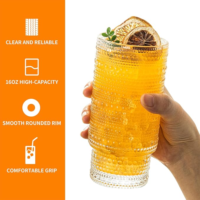 KEMORELA 16oz Hobnail Drinking Glasses with Lids and Straws,4 pack Vintage Glasses Tumbler Cups for Iced Coffee,Tea Glasses,Beer,Cocktail,Ideal for Whiskey,Slip-resistant Embossed Surface