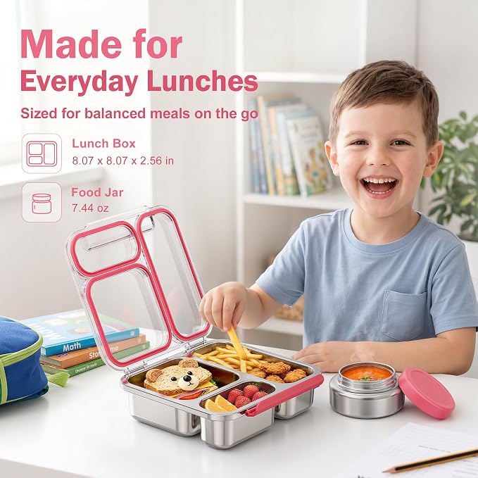 Pawtong Stainless Steel Bento Box Kids Adult with 7oz Insulated Food Jar, Transparent Lid Metal Lunch Box With Soup Thermal Jar, Lunch Box Container with Removable Divider & Sauce Cup School (Pink)