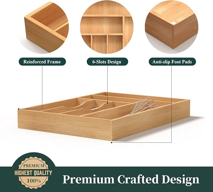 Bamboo Silverware Organizer, Kitchen Drawer Organizer, Utensil Holder, Cutlery Tray & Spoon Flatware Storage with Grooved Drawer Dividers (12''W x 16.5''D)