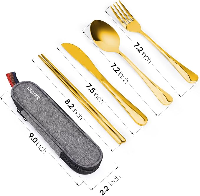 Travel Utensils with Case, Quatish Portable Silverware Set for Work, Stainless Steel Reusable Travel Cutlery, Fork and Spoon Set for Camping, Picnic, Gadgets, Lunch Box for Men, Christmas Gift, Gold