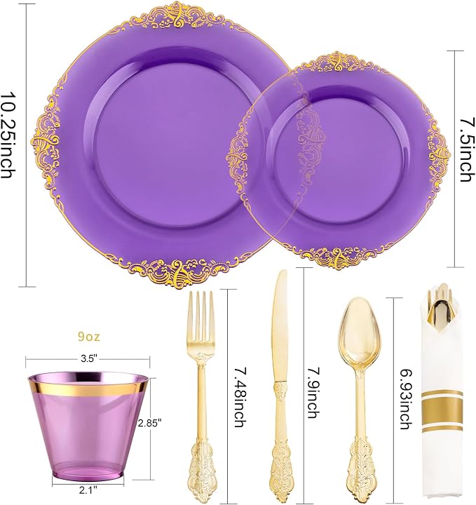 Nervure 175Pcs Purple Plastic Plates, Plastic Dinnerware Set for 25 Guests | 25 7.5" Dessert & 25 10.25" Dinner Plastic Plate, 75 Silverware, 25 Cups, 25 Napkin for Wedding & Party, BPA-free, Heavy-duty