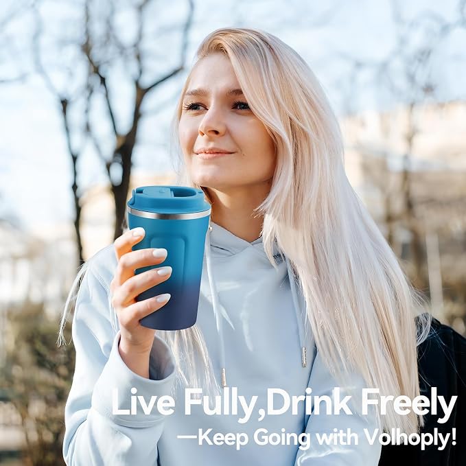 Volhoply 12 oz Double Wall Insulated Vacuum Travel Coffee Mug with Flip Lid Bulk 8 Pack,Reusable Stainless Steel Leak Proof Coffee Cup,Portable Thermal Tumblers for Hot & Cold Drinks(Dark Night,8 Set)