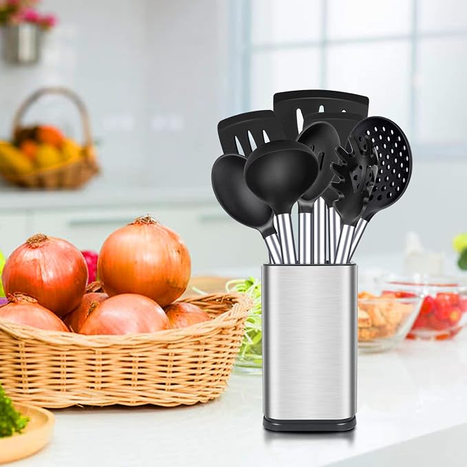 Silicone Cooking Utensils Set, 8 Pcs Kitchen Utensils with Holder, Black | BPA Free and Heat Resistant, Kitchen Tools for Non Stick Cookware include Spatulas, Turners, Spoons, Skimmer and Pasta Fork
