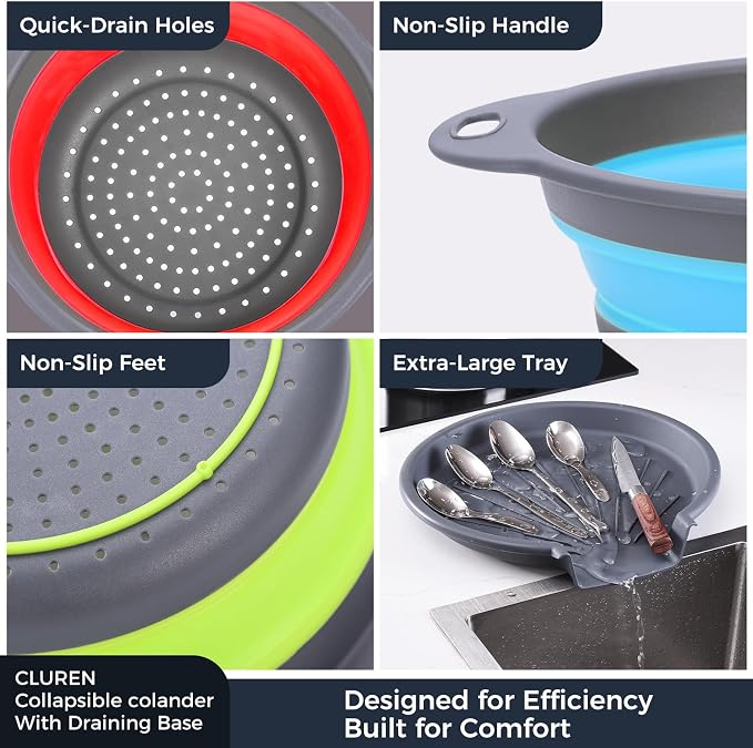 Collapsible Colander Set with Oversized Draining Tray | 3-Pack Foldable Kitchen Strainers + Base | Space Saving for Pasta, Veggies, Fruit & Rice | 5 Colors (Gray-Blue-Red-Green)