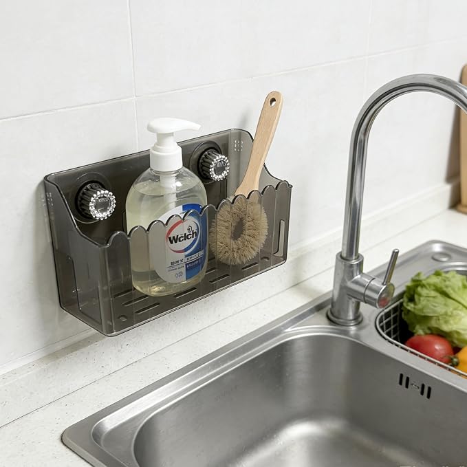 Kitchen Sink Caddy Organizer, Suction Cup Wall Mount Storage Rack for Sponges and Dish Soap (Transparent)