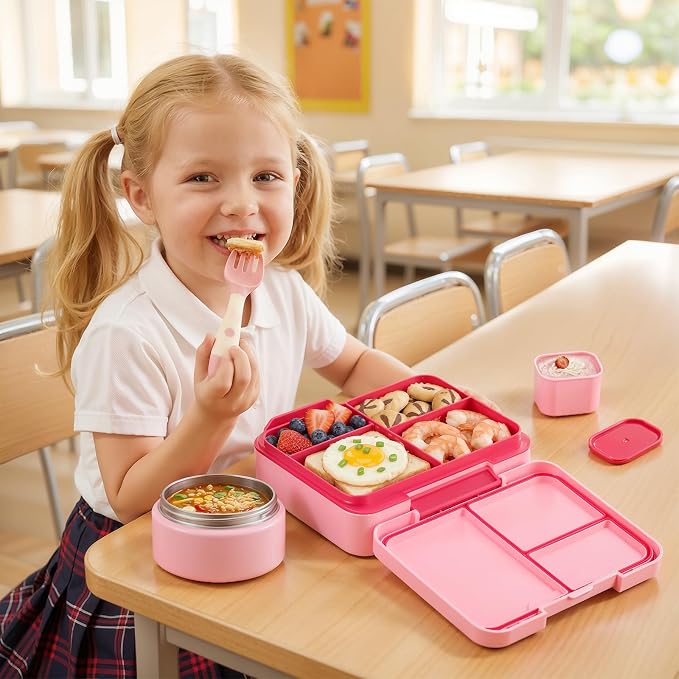 WyfKyd Bento Lunch Box with Soup Thermo Hot Food Container for Kids Adults | Bento Box with 9.5oz Soup Thermo Kids Leak-proof Lunch Container with Stainless Steel Insulated Hot Food Jar for School Pink