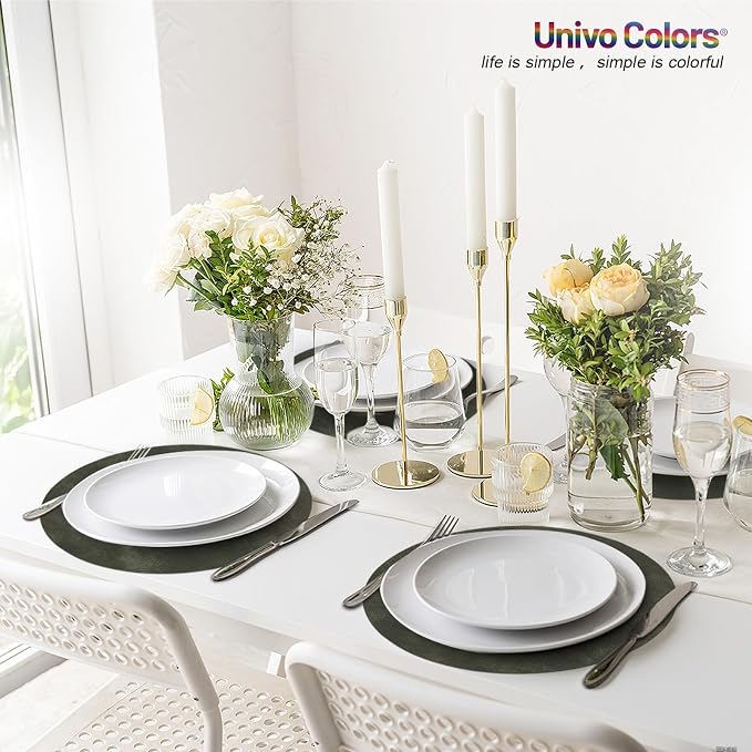 UnivoColors Placemats Round Faux Leather Placemats Set of 6-Waterproof-Wipe Clean-Heat Resistant-Anti Slip Dining Table Place Mats,Suitable for Indoor & Outdoor Use,15".Retro Olive Green