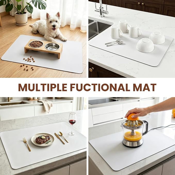 Coffee Mat Dish Drying,Non-Slip Easy Clean Sink Mat,Heat-resistant ,Fit Under Coffee Maker, Espresso Machine, Pot, Dish Rack (off white, 16"x24")
