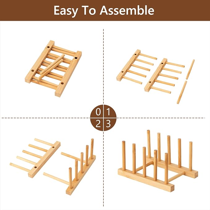 HBlife Bamboo Dish Plate Bowl Cup Book Pot Lid Cutting Board Drying Rack Stand Drainer Storage Holder Organizer Kitchen Cabinet(Keep Dry)