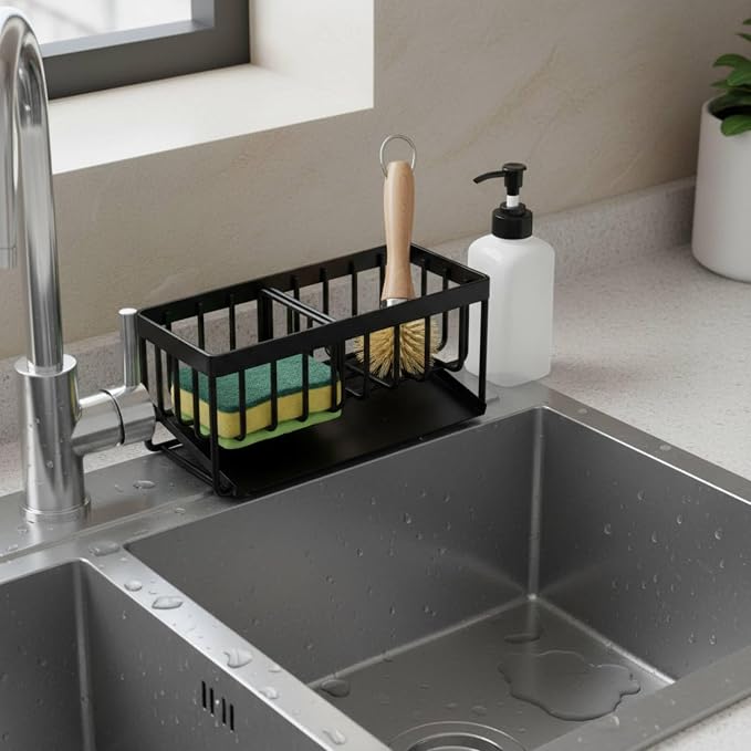 18/8 Stainless Steel Sink Caddy Sponge Holder for Kitchen | Self Drain Tray, Soap holder with Divider (Black)