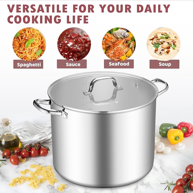 TeamFar Stainless Steel Stock Pot, 20QT Tri-ply Bottom Large Stockpot | Cooking Soup Pot with Lid, for Induction Gas Electric Glass Tops, Non Toxic & Sturdy, Straight Side & Various Stovetops Safe