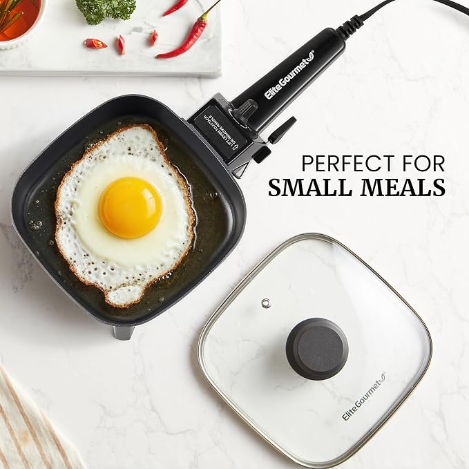 Elite Gourmet EFS059 Personal Compact Electric Skillet, 7" 600W, Black | Portable Cooker with Removable Handle, Nonstick Surface, Tempered Glass Lid, Adjustable Temperature, Rapid Heating