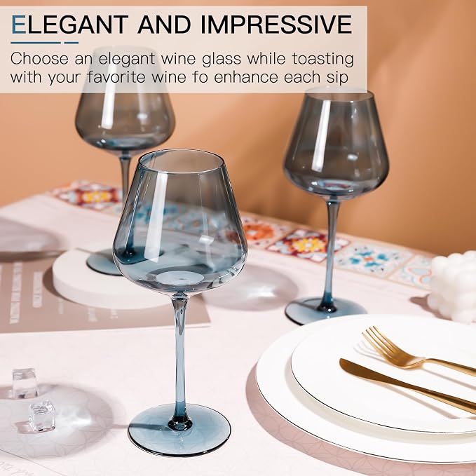 Blue Wine Glass Set of 6-18oz Lead-Free Crystal Burgundy Wine Glasses, Glassware for Parties& Special Occasions