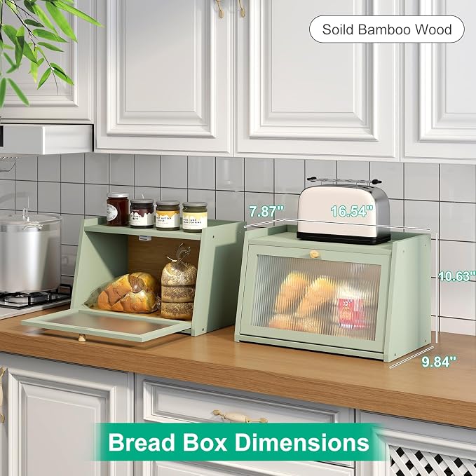 kiplant Green Bread Box for Kitchen Counter, Large Bamboo Bread Storage Container with Wavy Arcylic Door, Bamboo Wooden Farmhouse Bread Box for Your House