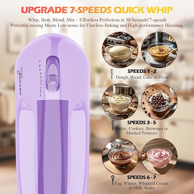 WADODO 7-Speed Electric Hand Mixer – Portable Food Mixer Kitchen Mixer with 304 *(1x Whisk, 2x Beater, 2x Dough hook) for Baking Cakes, Cream, Cookies, PURPLE