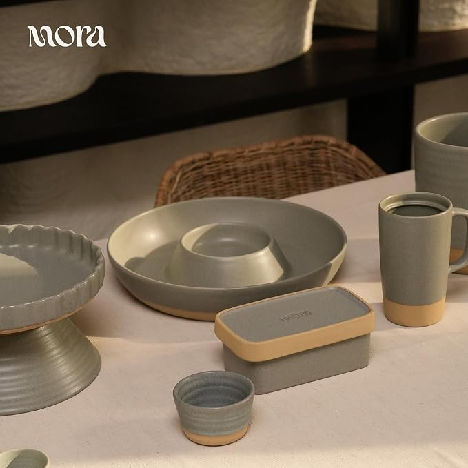 Mora Ceramic Chips and Dip Serving Tray: Large Divided Party Bowl Set for Chips & Salsa, Veggies & Dip, Fruit, Snacks, Entertaining, Hosting, etc. Minimalist Design for the Modern Hostess - Peppercorn