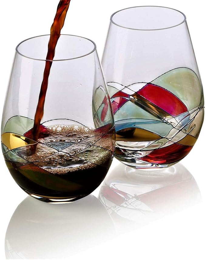 Bezrat Stemless Wine Glasses Set of Two | Hand Painted Large Premium Red and White Wine glasses | Lead-Free Crystal | Essential Wine Gift | 18 Ounces (Blue)
