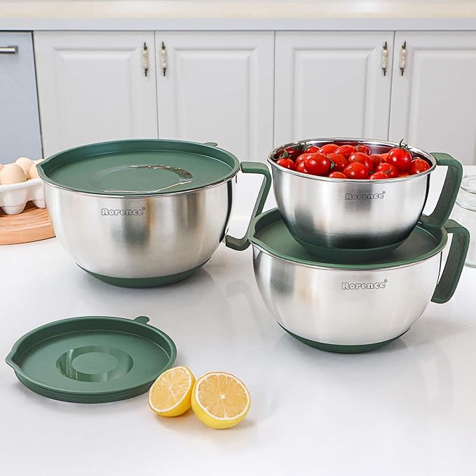 Stainless Steel Mixing Bowls Set with Lids,1.5,3 & 5 Qt,Green | Non-Slip Silicone Base,Precision Pour Spout,Ergonomic Easy-Grip Handle,Measurement Marks,Airtight Lids,Cooking & Meal Prep
