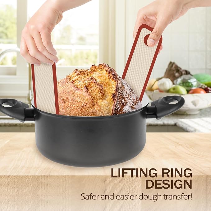 Koolstuffs Sourdough Silicone Bread Sling for Dutch Oven, 2 Pack | Long Handles for Dough Transfer, Nonstick Bread Release, Dishwasher Cleanup, Flexible Reusable Design, Round, Red