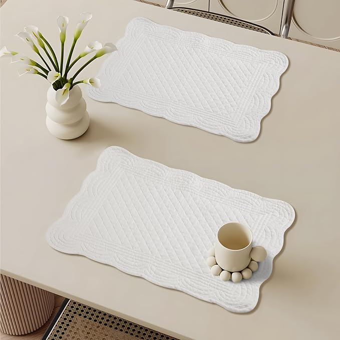 6 PC Quilted Placemats, 18"X13"Extra Large Cotton Placemats Set of 6, 100% Cotton Fabric Washable Cloth Table Mats for Kitchen & Dining Table - Soft &Easy Clean(Cream White, Rectangular)