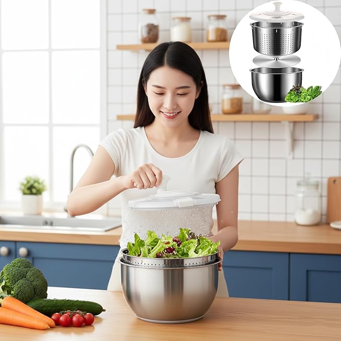 6L-Stainless Steel Salad Rotator, Non-Slip Base, Vegetable Dishwasher, Multi-Use Lettuce Spinner, Kitchen Strainers.
