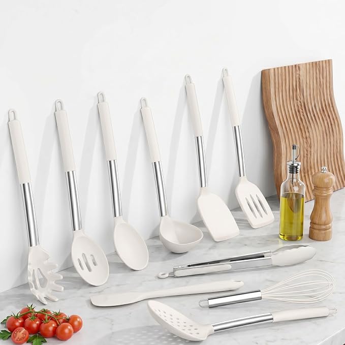 Onader 10 Pieces Silicone Kitchen Utensils Set, Cooking Utensils with Holder and Heat Resistant Stainless Steel Handle for Nonstick Cookware -White