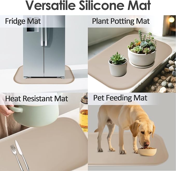 Silicone Coffee Maker Mat with Lip for Countertops, 24'' x 16'', Khaki | Multi leak-proof coffee tray for countertop, non-slip silicone mat fits most coffee makers & espresso machines, wipe-clean