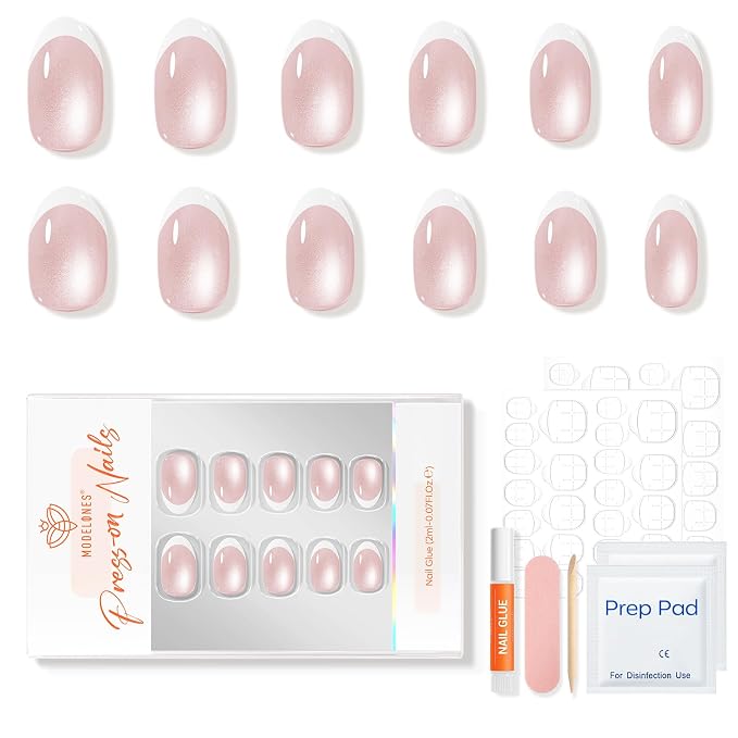 modelones Cat Eye French Tip Press On Nails, Short Oval Fake Nails | Nails Press Ons with Nail Glue, Adhesive Tabs, Nail File, Prep Pad, Manicure Stick, 32Pcs 16 Sizes, Women Girl Gift