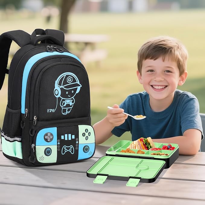Backpack for School Boys, Cool Luminous Gamer Boys Schoolbag | with Lunch Box & Pencil Case Set for Kids Teens Elementary Middle School, Bookbag Glow In The Dark