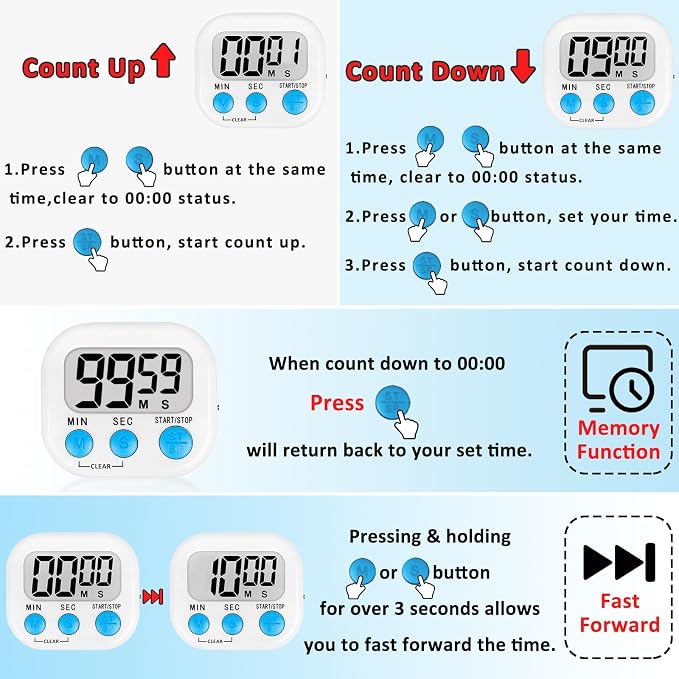 ZILLEEN Digital Kitchen Classroom Timers for Kids Cooking 12pcs Wht Grn Pk | Strong Magnetic, Large Screen, Big Button, Count Up/Down, Loud Alarm, Teacher Classroom Must Haves Supplies