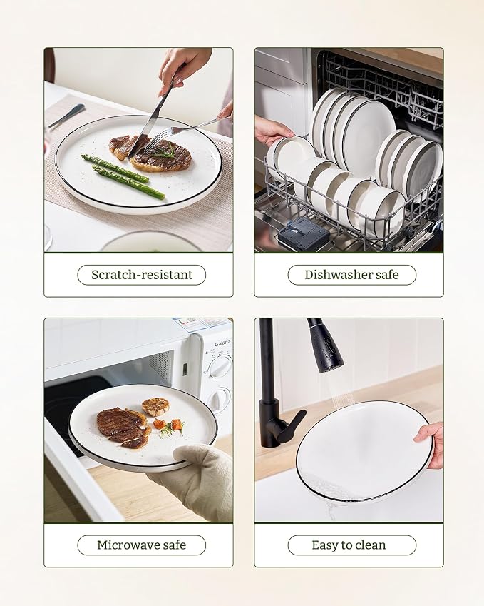 Famiware Porcelain 24-Piece Dinnerware Set, White with Black Trim | Plates and Bowls for 8, Dishwasher & Microwave Safe, Chip & Scratch Resistant, Ideal for Everyday & Formal Use