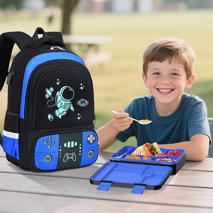 Backpack for School Boys, Cool Luminous Gamer Boys Schoolbag | with Lunch Box & Pencil Case Set for Kids Teens Elementary Middle School, Bookbag Glow In The Dark