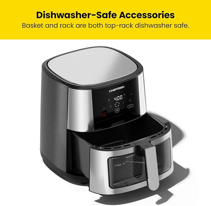 CHEFMAN Easy-View Air Fryer – 8 Qt Family Size with Viewing Window, One-Touch Digital Control with 4 Presets, Nonstick & Dishwasher Safe, Broil, Roast, Dehydrate, Bake, Auto-Shutoff, Stainless Steel