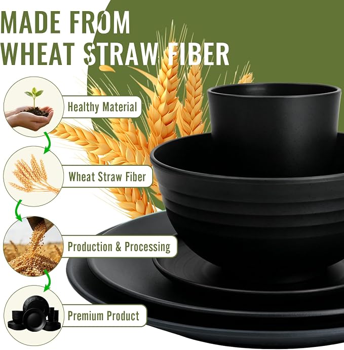 Kitchen Wheat Straw Dinnerware Set 40 PCS Dishes Sets for 8 Plastic Plates Reusable Dinner Plates Cereal Bowls Small Cups Dishwasher & Microwave Safe Unbreakable Dish Set for Picnic RV-Black