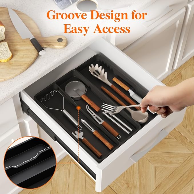 Lifewit Utensil Organizer for Kitchen Drawer, Expandable Cooking Tray | Adjustable Cutlery Flatware Holder, Plastic Silverware Spatula Tools Storage Divider, 8.9-14.4 x 15.8", Black