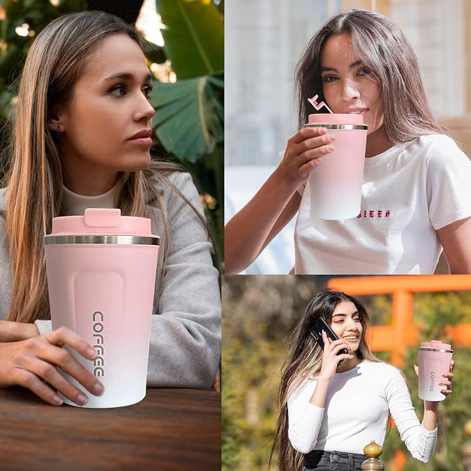 SPLMIFA Travel Coffee Mug Leak-Proof, Reusable Coffee Cups with Lids, Stainless Steel Vacuum Insulated Coffee Tumblers, Thermal Insulation Cup for Men and Women Hot & Cold Drinks(2nd-Pink White, 12OZ)