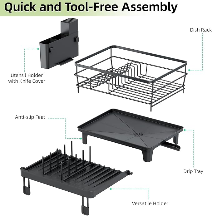 TOOLF Expandable Dish Drying Rack for Kitchen Counter, Black | Extendable 12"-22"W, Fast Draining, Large Capacity, Fits Large Plates, Utensil Holder, 3-4 People Family